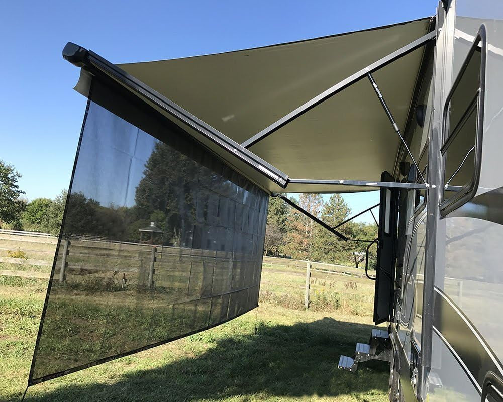RV Awning Sun Shade 9' X 11' 3" Black Mesh Screen Sunshade Complete Kits Camping Trailer Canopy UV Sunblocker - 3 Year Warranty