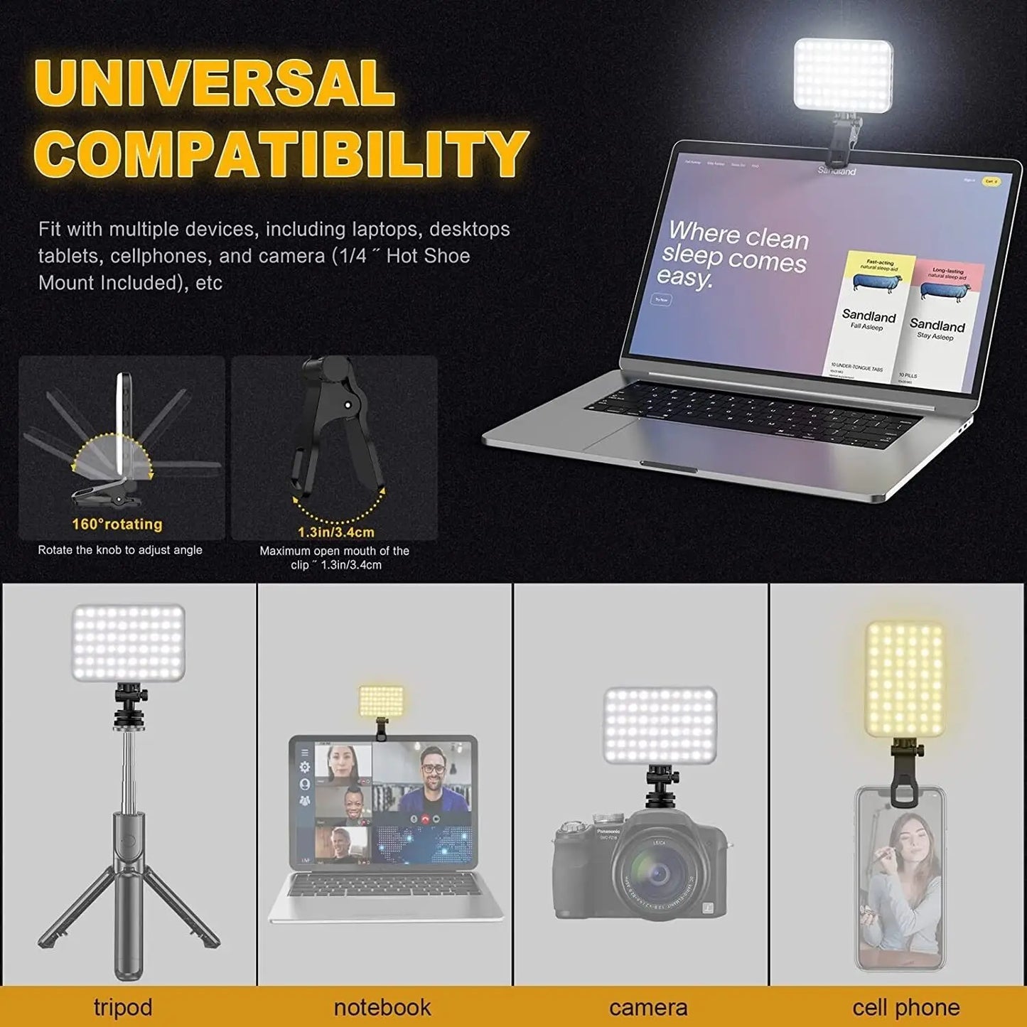120 LED Selfie Lights Clip Fill Video Light with Front & Back Clip for Phone iPad