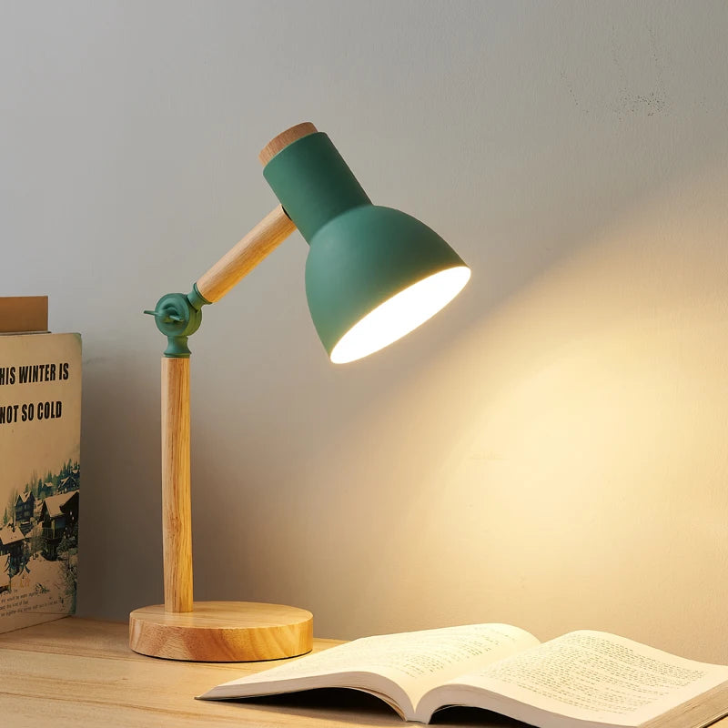 Creative Nordic Table Lamp Wooden Art LED Turn Head Simple Bedside Desk Light/Eye Protection Reading & Bedroom Study Lamp