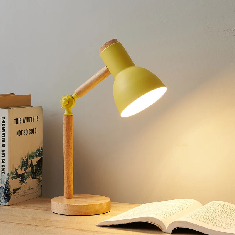 Creative Nordic Table Lamp Wooden Art LED Turn Head Simple Bedside Desk Light/Eye Protection Reading & Bedroom Study Lamp