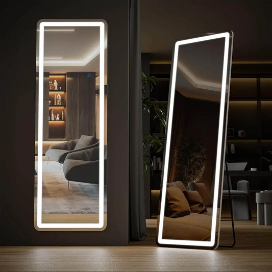 PINGO 3 Color Lighting Mirror with LED Lights, Full Mirror with Color Temperature Adjustable Stand Mirror, Durable and Sturdy Long Mirror, Hang and Wall Mirror for Space-Saving, Gift for Valentine'S Day and Birthday, 64"X21"