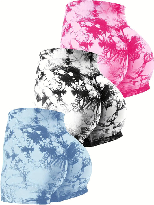 Women'S 3Pcs Tie Dye Print High Waist Sports Shorts, Women'S Summer Clothes for Gym, Casual Comfy Breathable Seamless High Stretch Yoga Leggings, Gym Outfits Bottoms, Biker Shorts, Ladies Sportswear Clothing for Indoor Outdoor Wear